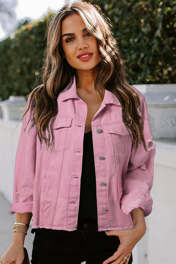 Lapel Distressed Raw Hem Buttons Denim Jacket