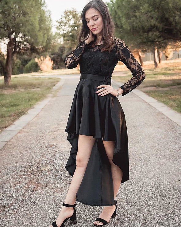 Long Sleeve Lace High Low Satin Prom Dress