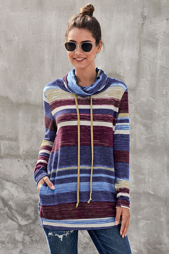 Multicolor Cowl Neck Striped Long Sleeve Sweatshirt