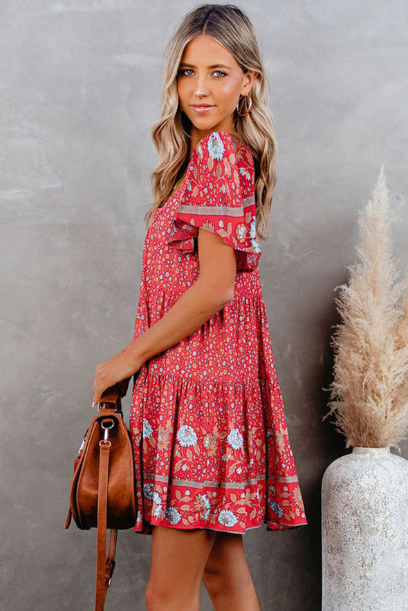 Flutter Sleeve Floral Tiered Babydoll Dress