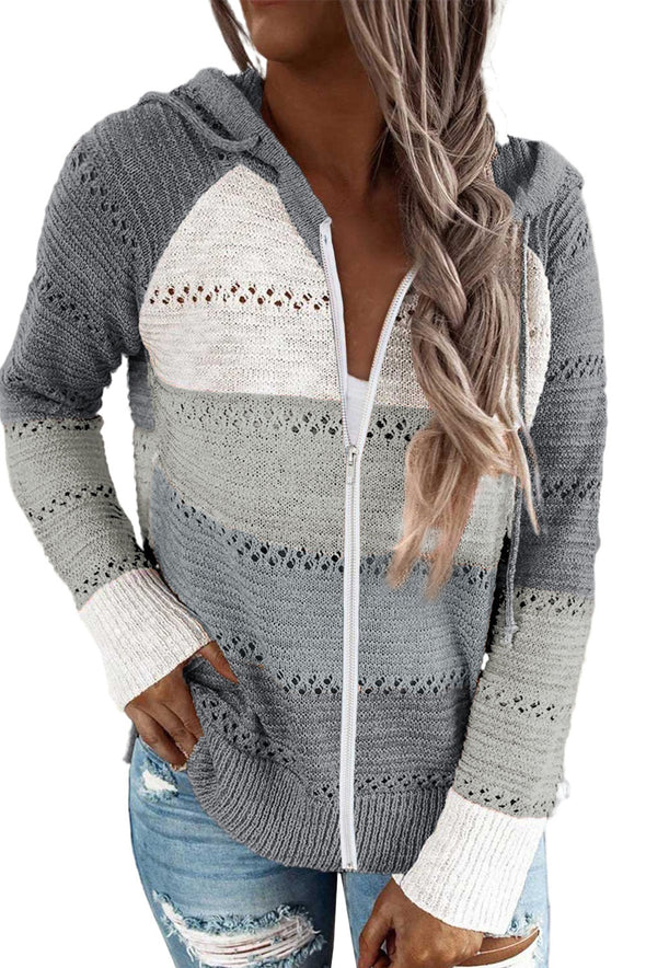 Zipped Front Colorblock Hollow-out Knit Hoodie