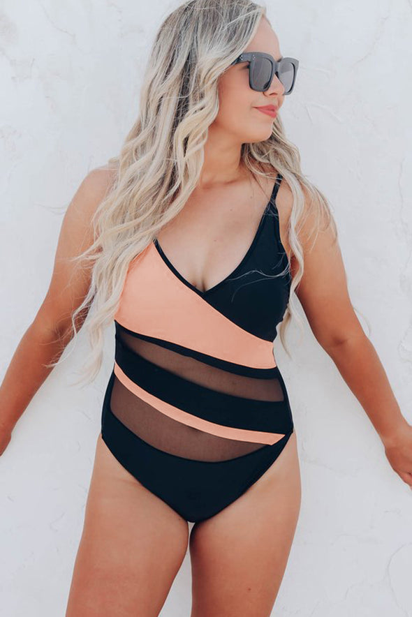 Colorblock Mesh Backless One-piece Swimwear