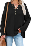 Henley Pullover Drop Shoulder Sweater with Slits