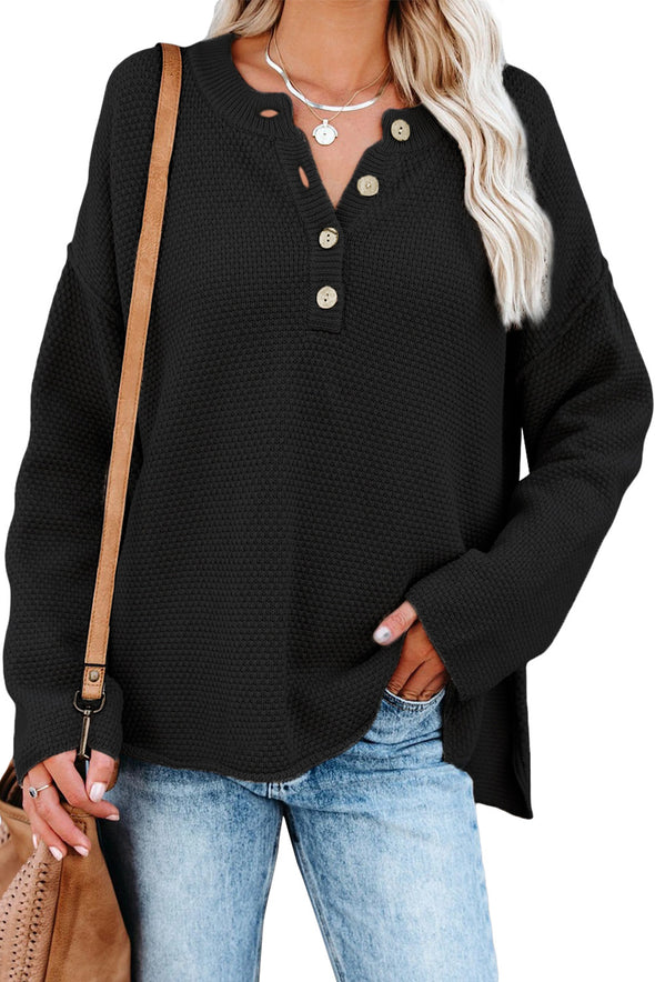 Henley Pullover Drop Shoulder Sweater with Slits