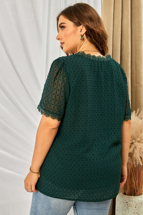V Neck Lace Crochet Swiss Dot Short Sleeve Blouse