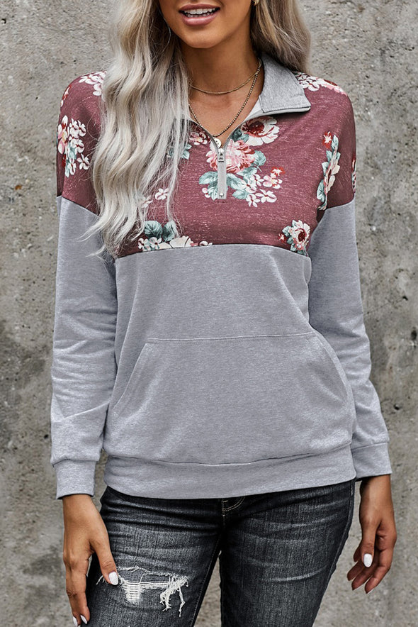 Floral Splice Pink Kangaroo Pocket Zip Collar Sweatshirt