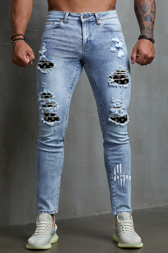 Men's Skull Print Patchwork Distressed Skinny High Waist Jeans