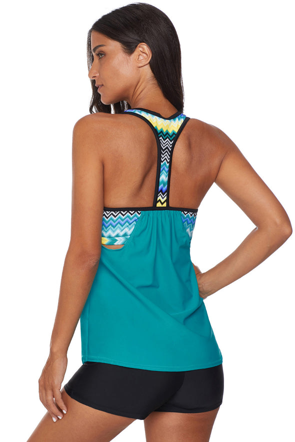 Blouson Striped Printed Strappy T-Back Push up Tankini Top