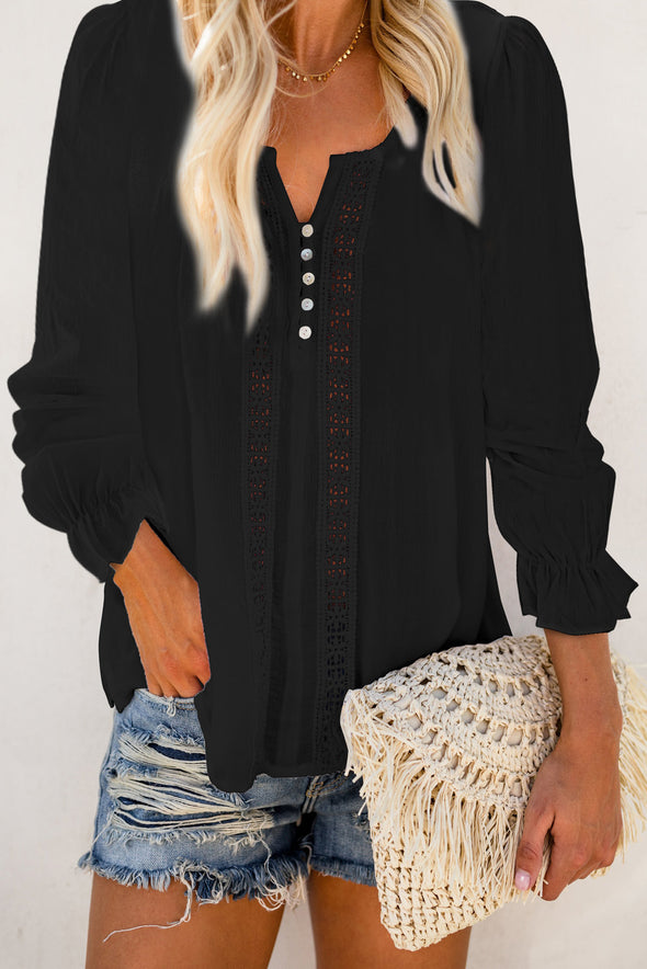 Bohemian Bubble Sleeve Eyelet Blouse