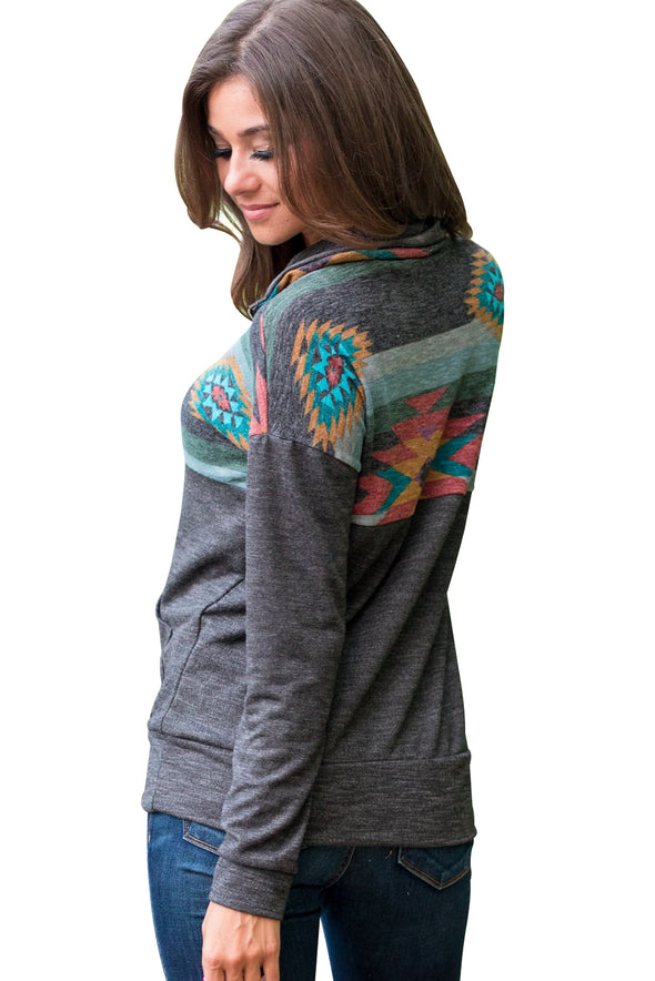 Aztec Print Atop Black Pullover Sweatshirt