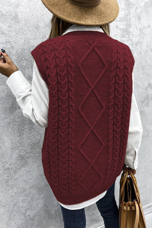 Wine Sleeveless Cable Knitted Sweater Tank