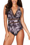 Floral Print Lattice Plunge One Piece Swimsuit