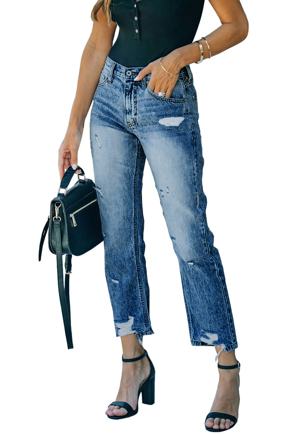 Medium Wash High Rise Straight Leg Jeans