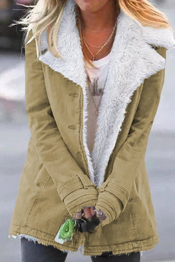 Khaki Lapel Collar Button Fleece Jacket