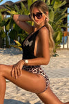 Plunge V Neck Colorblock Leopard Bottoms One-piece Swimsuit