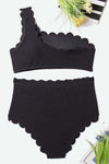 High Waist Scalloped Trim One Shoulder Bikini