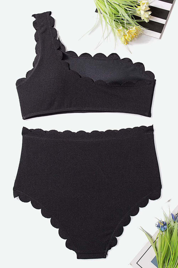 High Waist Scalloped Trim One Shoulder Bikini