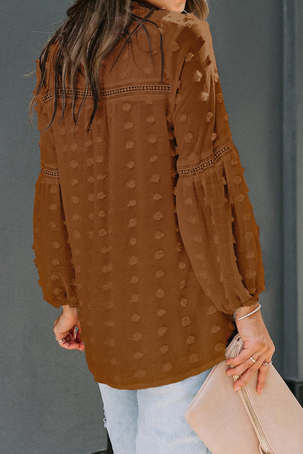 Swiss Dot Split Neck Ruffle Babydoll Blouse