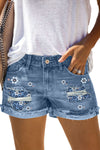 Women's Distressed Ripped Rolled Hem Blue Denim Shorts