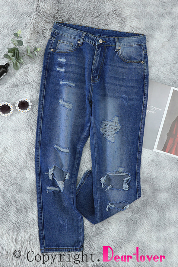 Fading Distressed Holes Crop Jeans