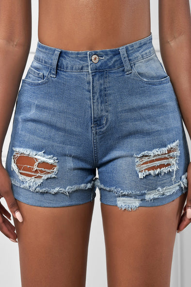 Distressed Ripped Rolled Hem Sky Blue Denim Shorts