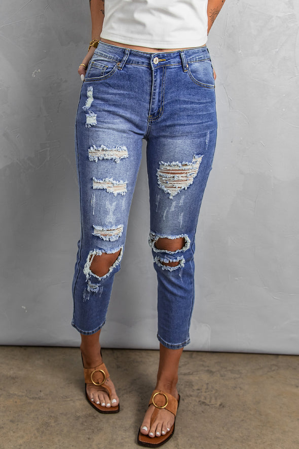 Fading Distressed Holes Crop Jeans