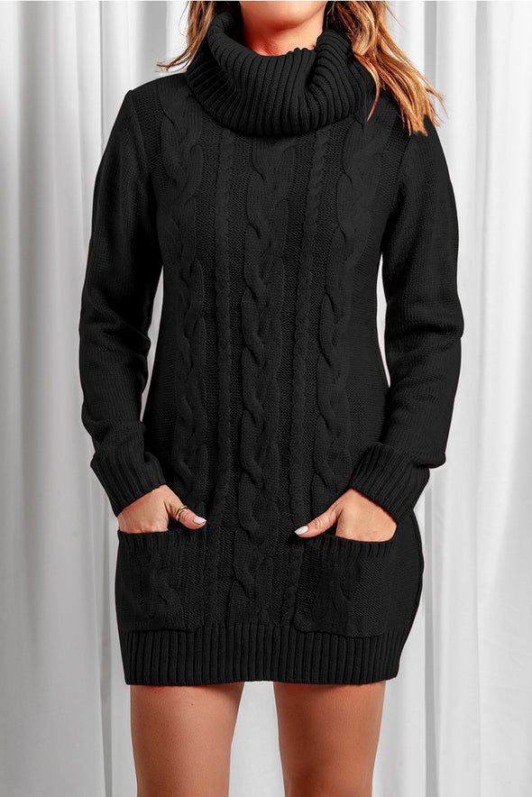Colorblock Cowl Neck Cable Knit Sweater Dress
