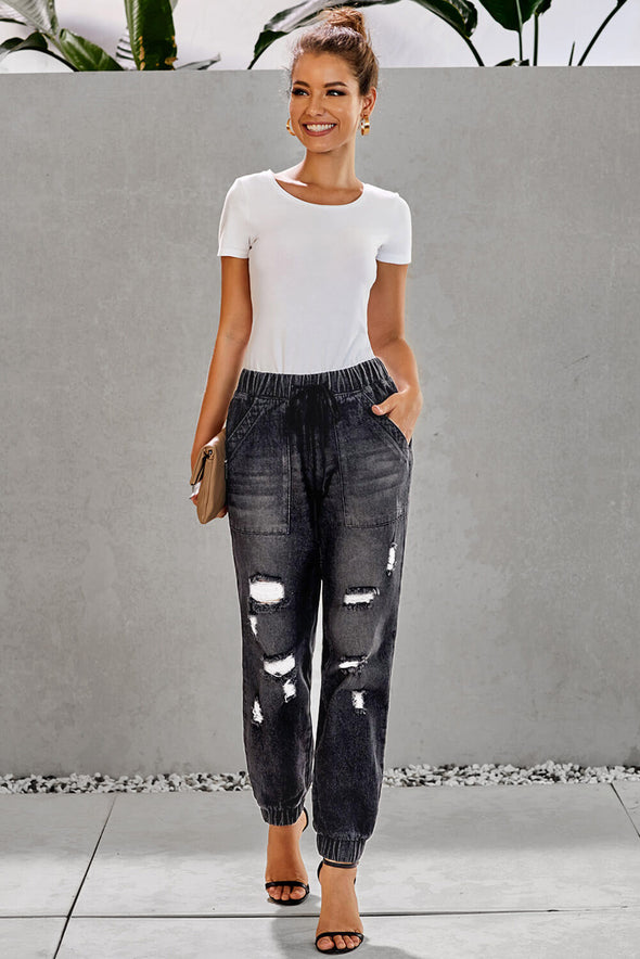 Distress Drawstring Pocketed Joggers
