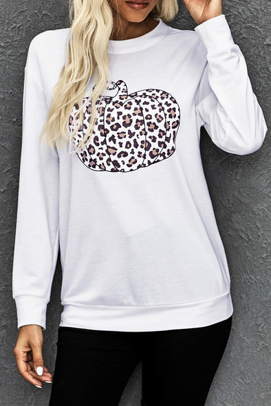 Halloween Animal Print Pumpkin Graphic White Sweatshirt