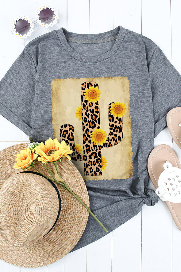 Leopard Sunflower Cactus Print Short Sleeve T Shirt