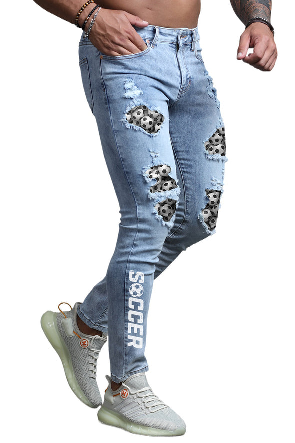 Men's Skull Print Patchwork Distressed Skinny High Waist Jeans