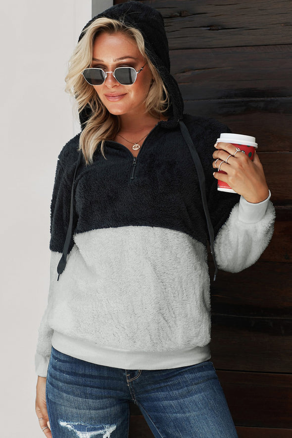 White Colorblock Furry Hoodie