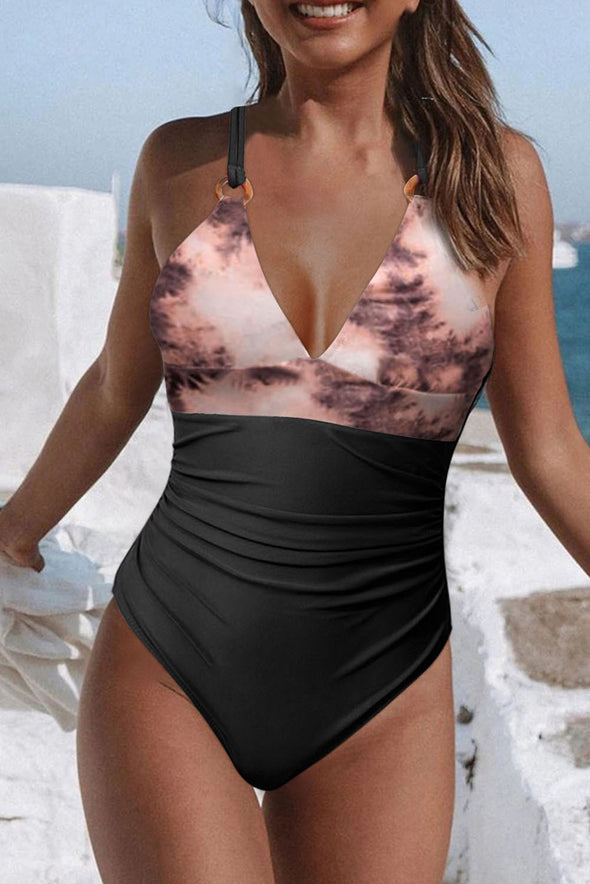 Tie-dye Colorblock Crisscross Back One-piece Swimsuit