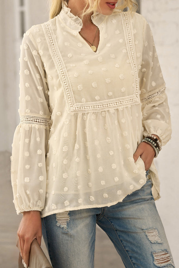 Swiss Dot Split Neck Ruffle Babydoll Blouse