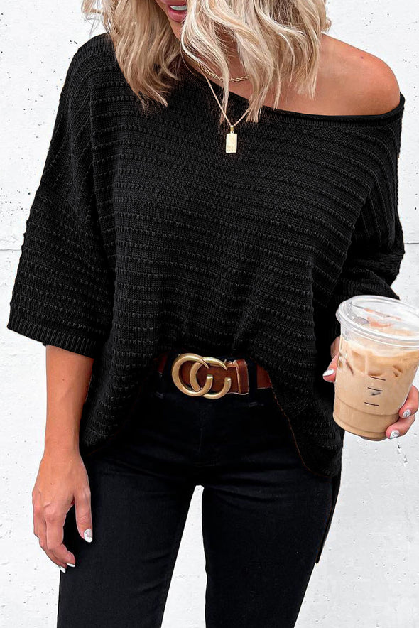Brown Textured Knit Drop Shoulder Tee
