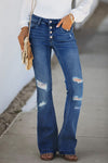 Dark Blue Mid Rise Button Front Flare Denim