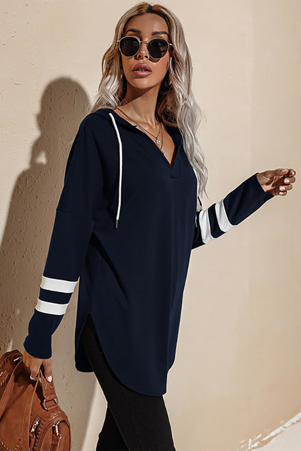 Striped Side Split V Neck Hoodie