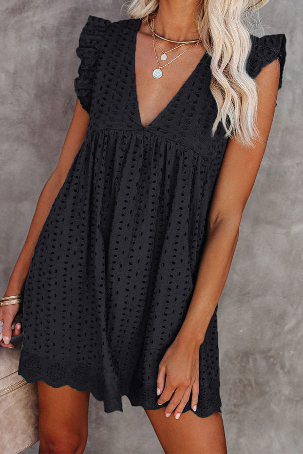 V Neck Ruffled Sleeves Perforating Babydoll Dress