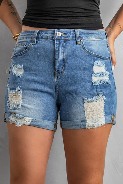 Folded Hem Ripped High Waist Jean Shorts