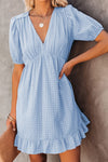 Checkered Pattern Puff Sleeve Babydoll Dress