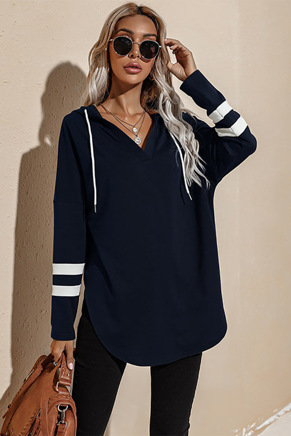 Striped Side Split V Neck Hoodie