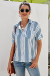 V Neck Stripes Roll up Sleeve Button Down Shirt