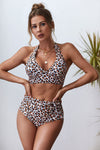 Khaki Halter V Neck Leopard High Waist Bikini