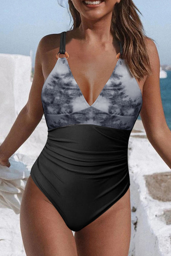 Tie-dye Colorblock Crisscross Back One-piece Swimsuit