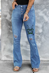 Dark Blue Mid Rise Button Front Flare Denim