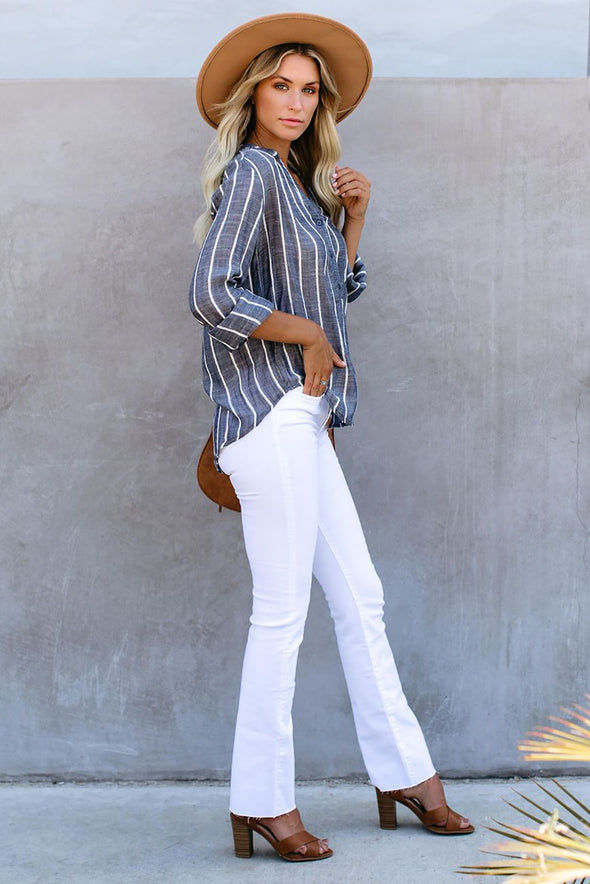 /Blue Striped V Neck Pocket Long Sleeve Top