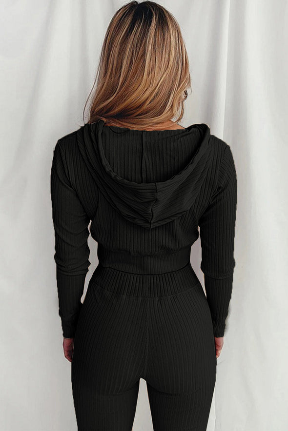 Ribbed Knit Cropped Hoodie and Jogger Two Piece Set