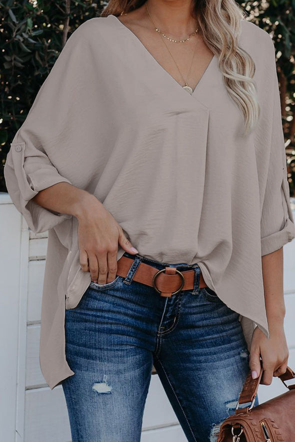 V Neck 3/4 Sleeve High Low Hem Shirt