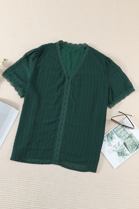V Neck Lace Crochet Swiss Dot Short Sleeve Blouse