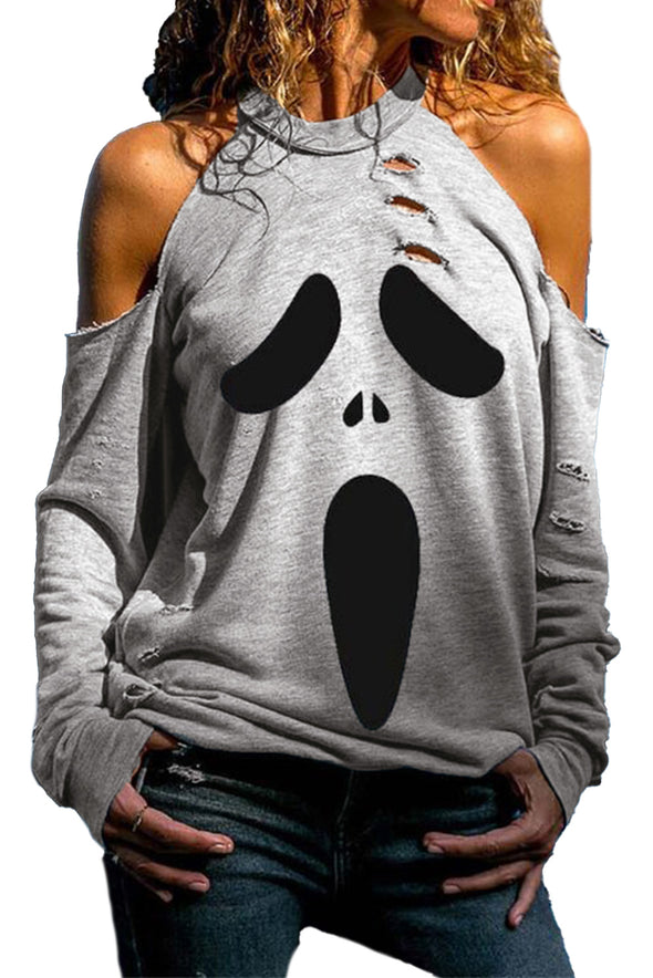 Distressed Halloween Ghost Cold Shoulder Sweatshirt